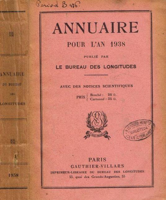 Annuaire pour l'an 1938 publié par le bureau des longitudes - copertina