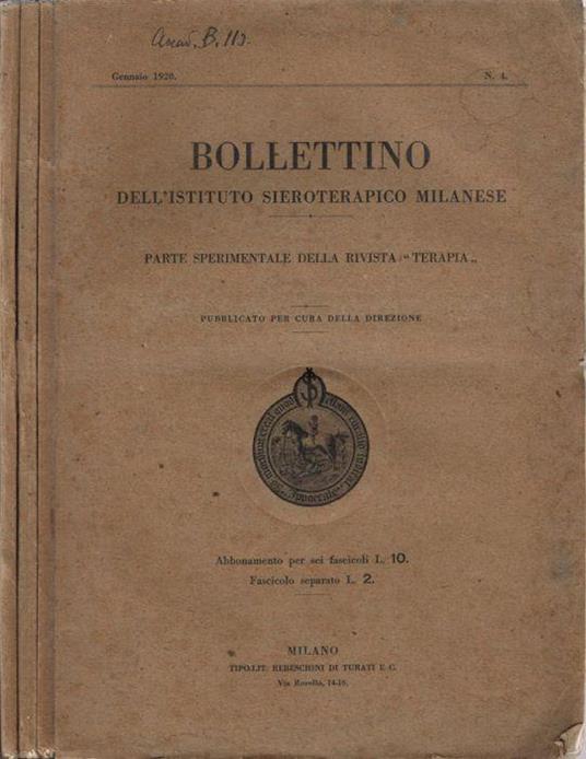 Bollettino dell'Istituto Sieroterapico Milanese - copertina