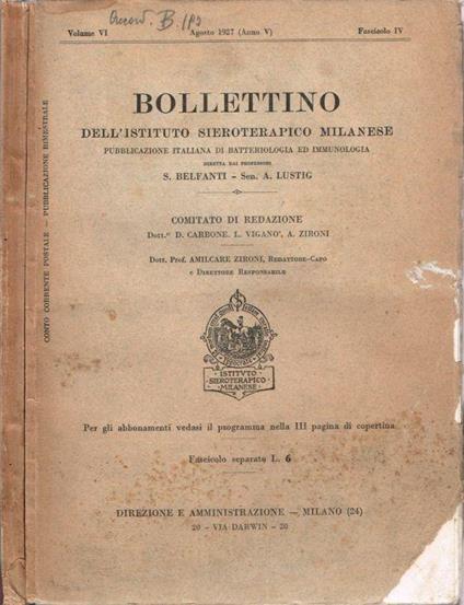 Bollettino dell'Istituto Sieroterapico Milanese - copertina