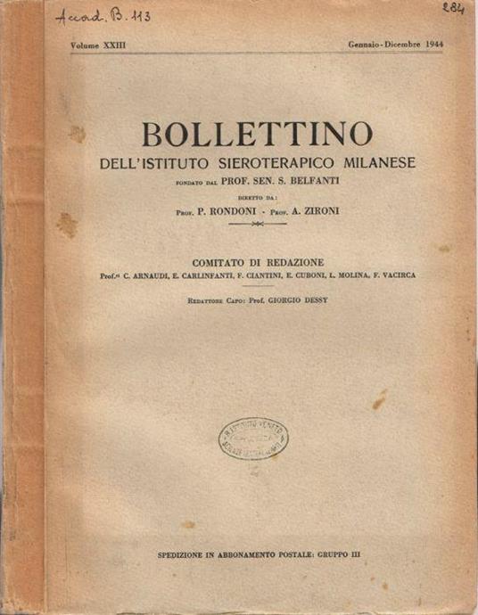 Bollettino dell'Istituto Sieroterapico Milanese - copertina