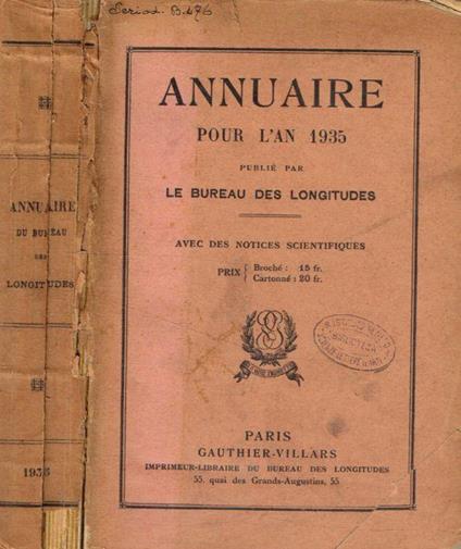 Annuaire pour l'an 1935 publié par le bureau des longitudes - copertina