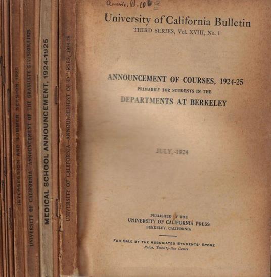 University of California Bulletin III series Vol. XVIII N. 1, 2, 3, 4, 7, 8, 9, 11, 12, 13, 14, 15 1924-1925 - copertina