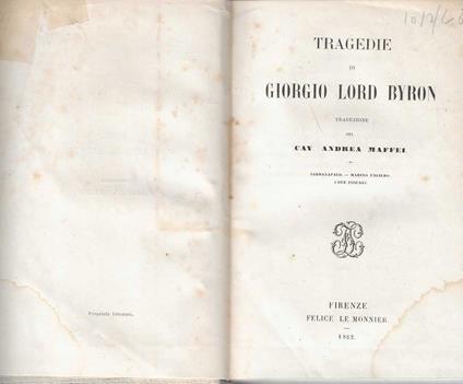 Tragedie di Giorgio Lord Byron - Andrea Maffei - copertina
