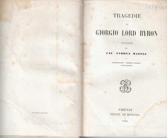 Tragedie di Giorgio Lord Byron - Andrea Maffei - copertina