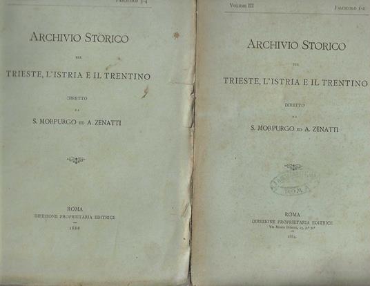 Archivio Storico per Trieste, l' Istria e il Trentino - copertina
