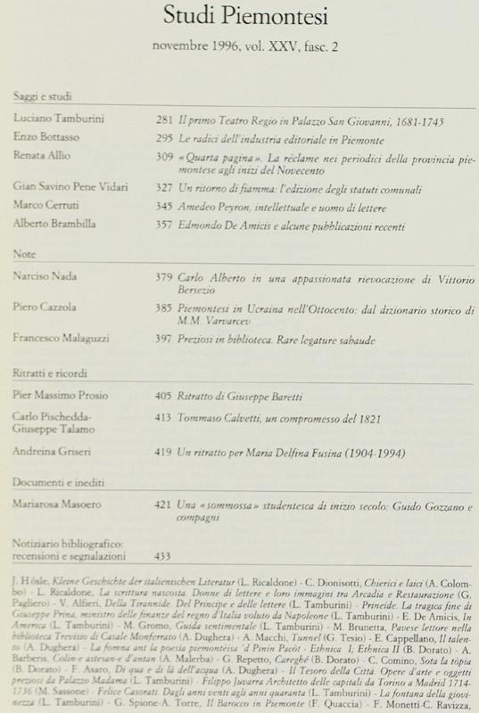 STUDI PIEMONTESI. Vol. XXV - 1996, fasc. 2. - Autori vari. - Centro Studi Piemontesi, - 1996