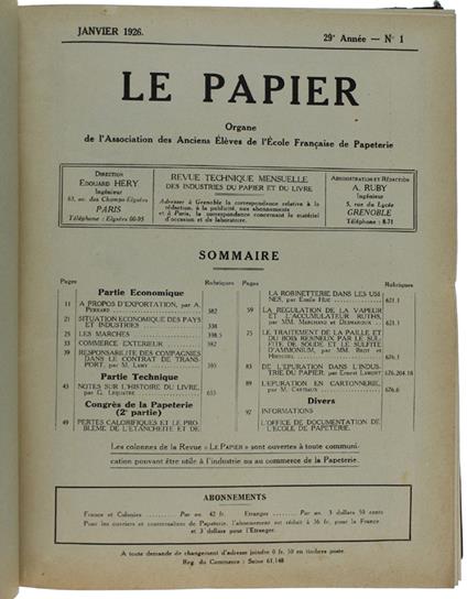 Le Papier. Organe De L'Association Des Anciens Elèves De L'Ecole Française De Papeterie. Revue Technique Mensuelle Des Industries Du Papier Et Du Livre. Année 1926 Complète En 2 Volumes - Collectif - copertina