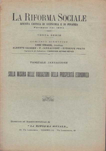 riforma sociale: rivista critica di economia e di finanza.  Sulla misura delle variazioni della prosperità economica - Pasquale Jannaccone - copertina