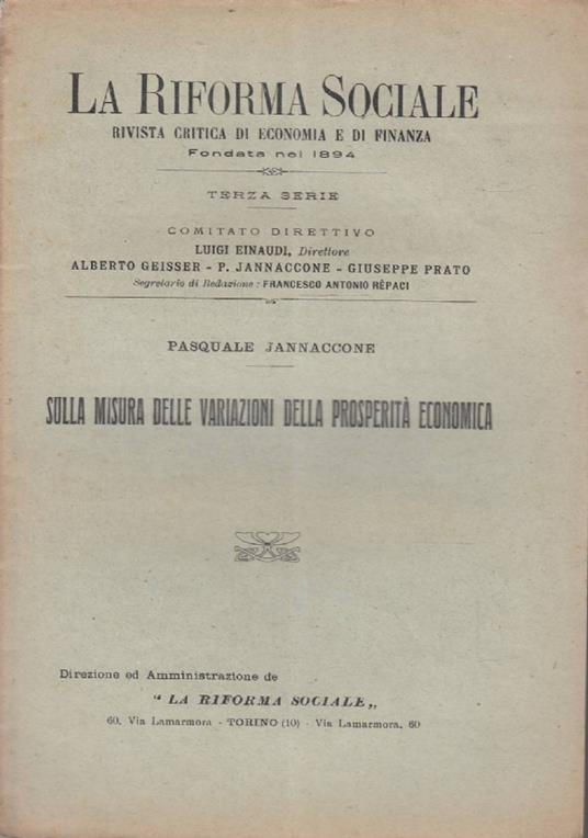 riforma sociale: rivista critica di economia e di finanza.  Sulla misura delle variazioni della prosperità economica - Pasquale Jannaccone - copertina