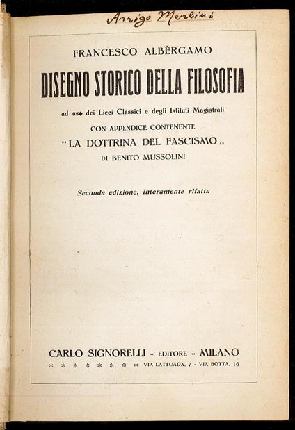 Disegno storico della filosfia ad uso dei Licei Classici e degli Istituti Magistrali - Francesco Albergamo - copertina