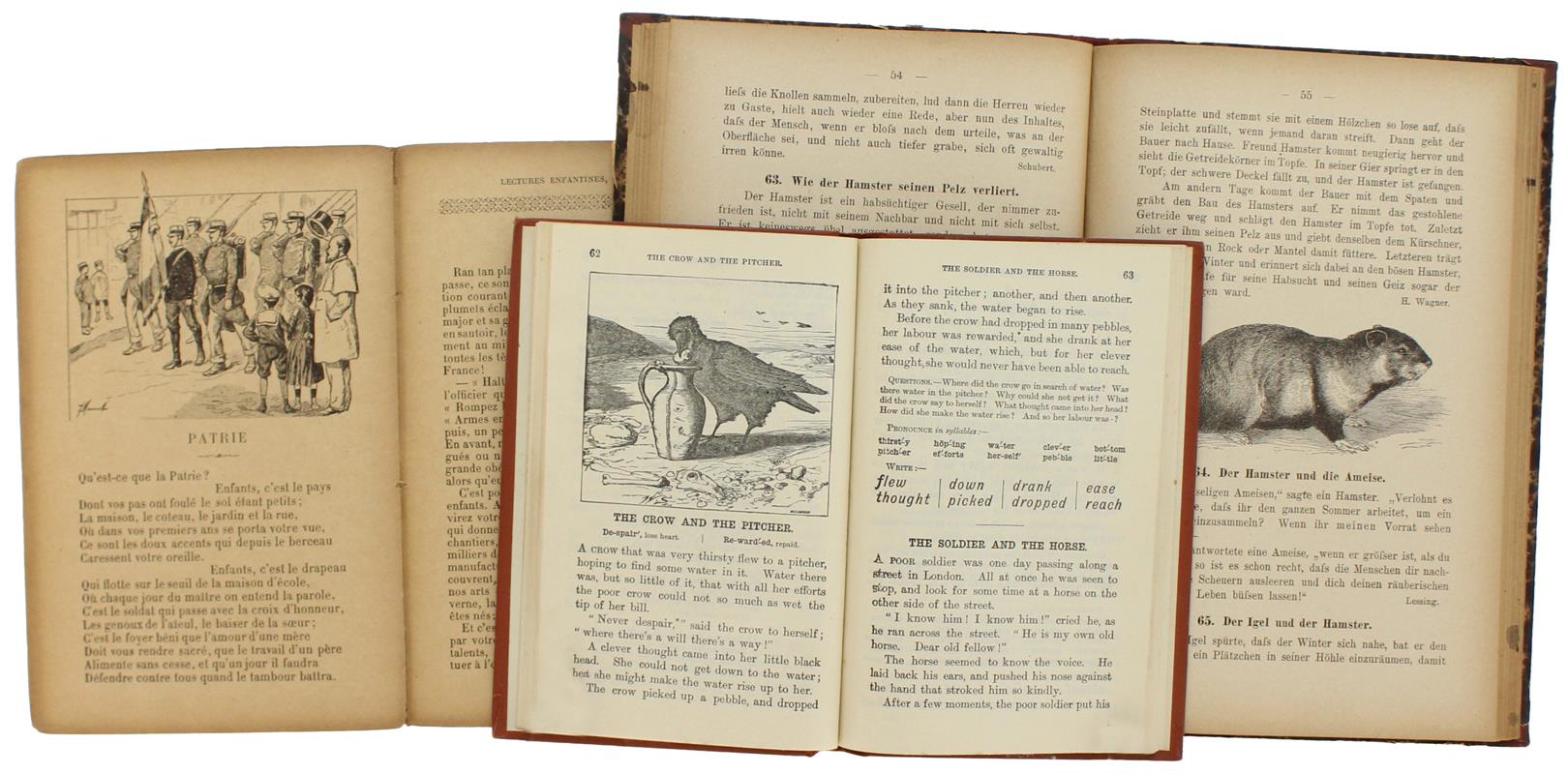 TRE LIBRI DI LETTURA PER SCUOLE PRIMARIE TEDESCHE, INGLESI, FRANCESI - con incisioni  (fine '800, nelle rispettive lingue) - Autori vari - Circa - 1894