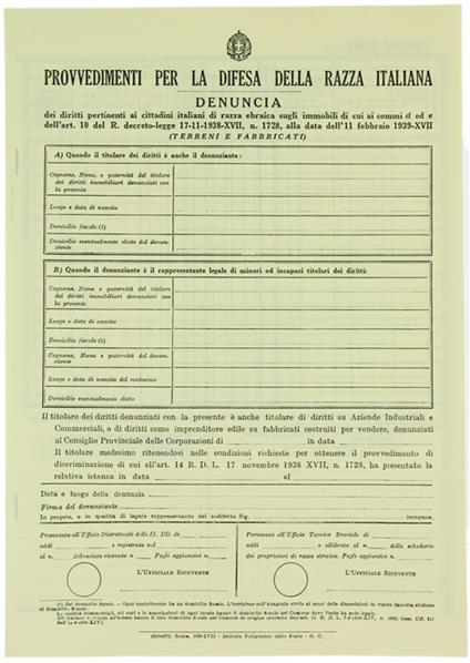 PROVVEDIMENTI PER LA DIFESA DELLA RAZZA ITALIANA - copertina