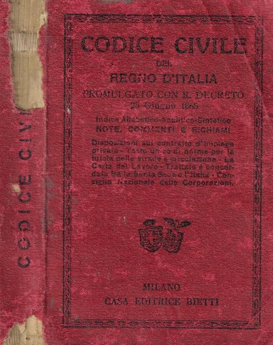 Codice civile del Regno d'Italia promulgato con R. Decreto 25 giugno 1865 - copertina