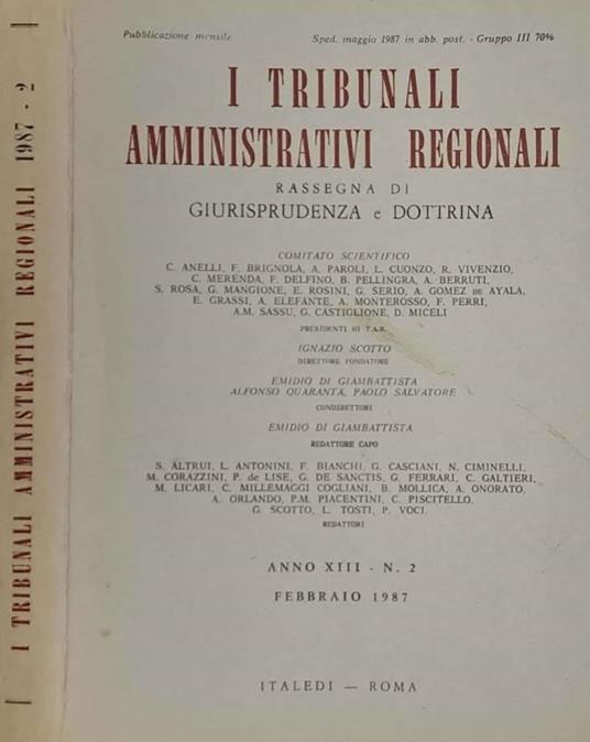 I Tribunali Amministrativi Regionali. Rassegna di giurisprudenza e dottrina. N. 2 Febbraio 1987 - copertina