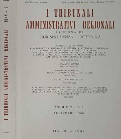 I Tribunali Amministrativi Regionali. Rassegna di giurisprudenza e dottrina. N. 9 Settembre 1988 - copertina