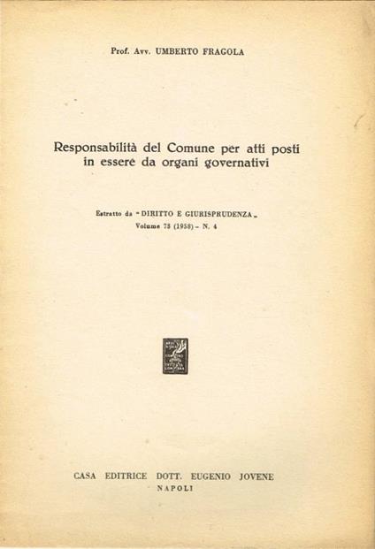 Responsabilità del Comune per atti posti in essere da organi governativi - copertina