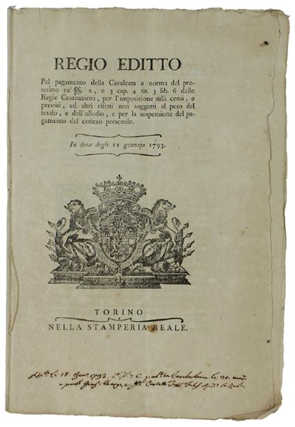 Regio Editto Relativo Alla Tassazione Dei Vassalli ... In Data Degli 11 Gennajo 1793 [Documento Originale] - Amedeo Vittorio Bedini - copertina