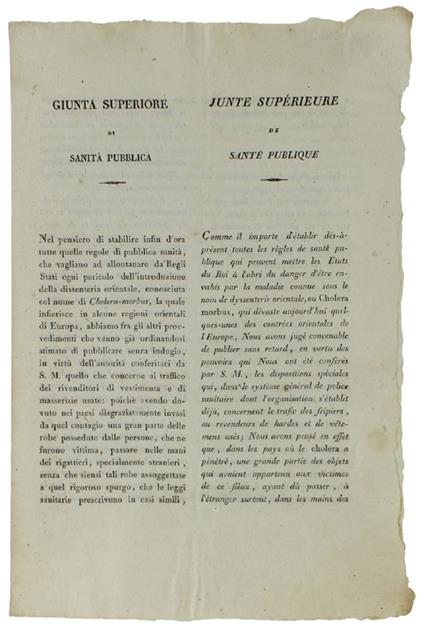 Giunta Superiore Di Sanita' Pubblica (Regole Di Pubblica Sanità: Cholera Morbus, Disinfezione). Addì 6 Settembre 1831 [Documento Originale, Italiano E Francese] - copertina