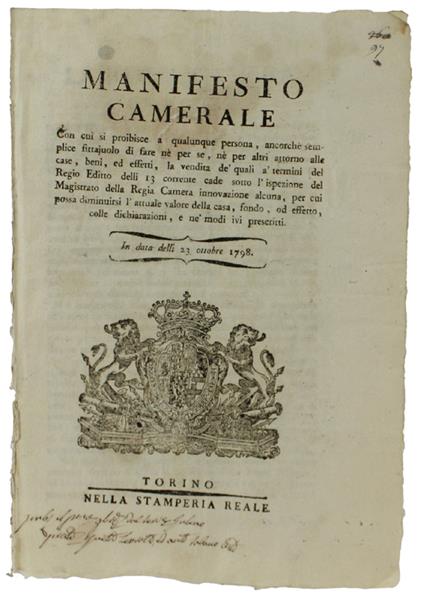 Manifesto Camerale Con Cui Si Proibisce A Chiunque Di Vendere Direttamente Beni Mobili E Immobili...  In Data Delli 23 Ottobre 1798   [Documento Originale] - copertina