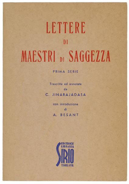 Alettere Di Maestri Di Saggezza. Prima Serie. Trascrizione Di Jinarajadasa, Introduzione Di A.Besant - copertina