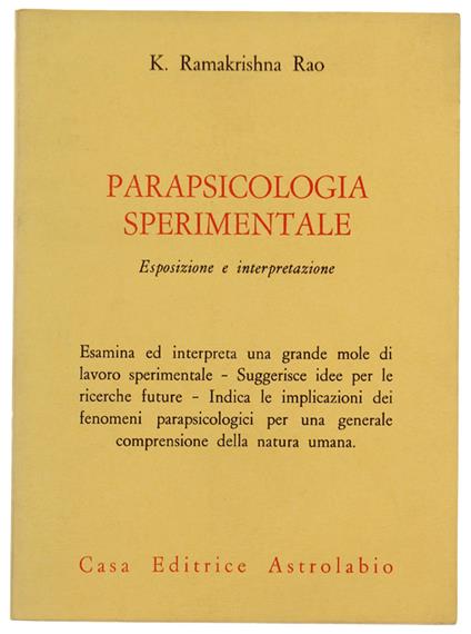 Parapsicologia Sperimentale. Esposizione E Interpretazione - Rao Ramakrishna - copertina