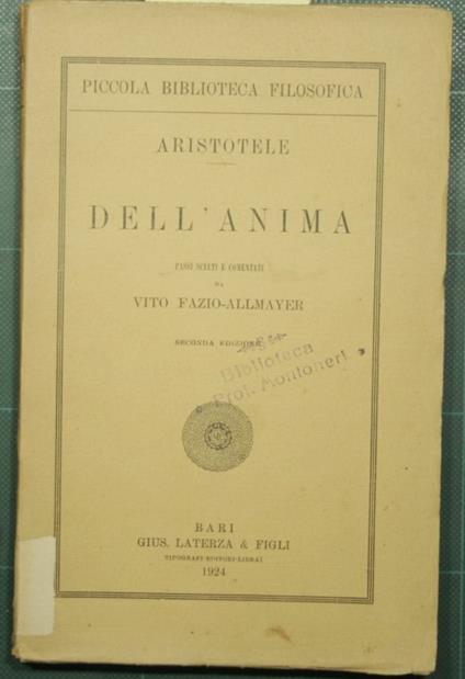 Dell'anima - Aristotele - copertina