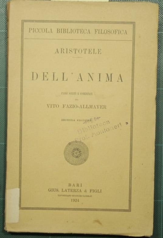 Dell'anima - Aristotele - copertina