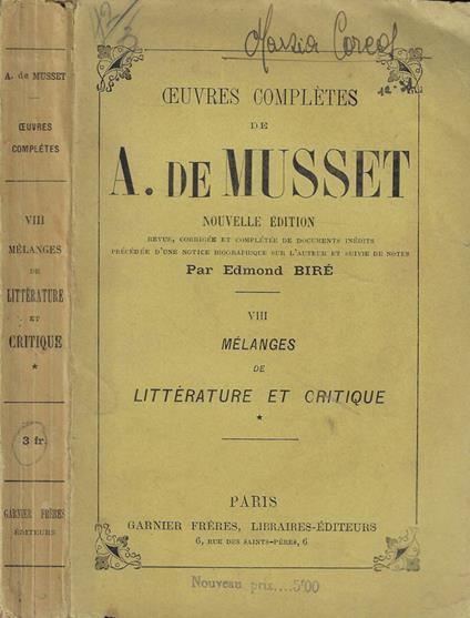Melanges de litterature et critique - Alfred de Musset - copertina