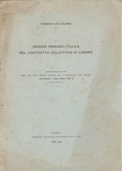 Origine romanico-italica del contratto collettivo di lavoro - Federico Ciccaglione - copertina