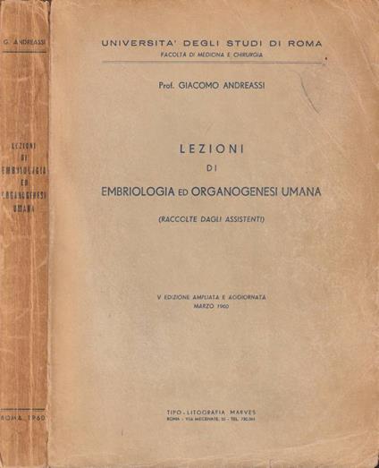 Lezioni di embriologia ed organogenesi umana - copertina