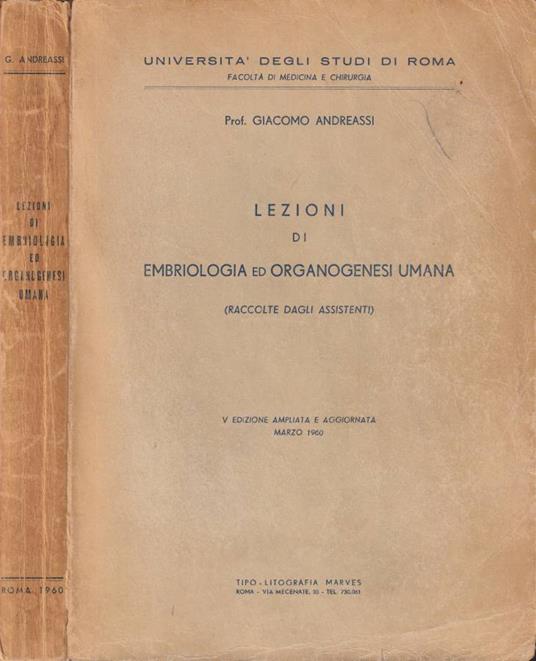 Lezioni di embriologia ed organogenesi umana - copertina