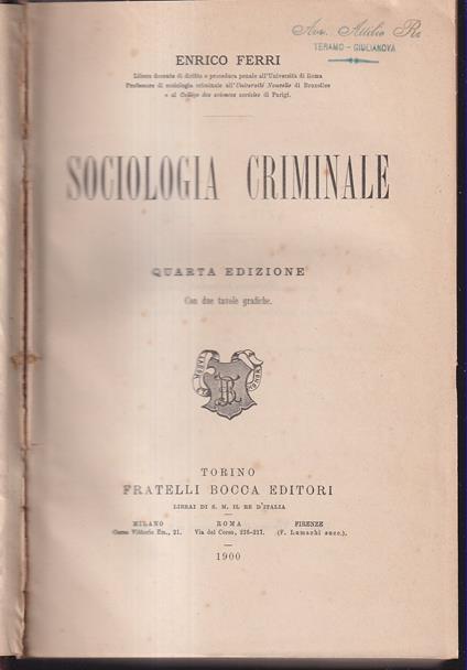 Sociologia criminale Quarta edizione - Enrico Ferri - copertina