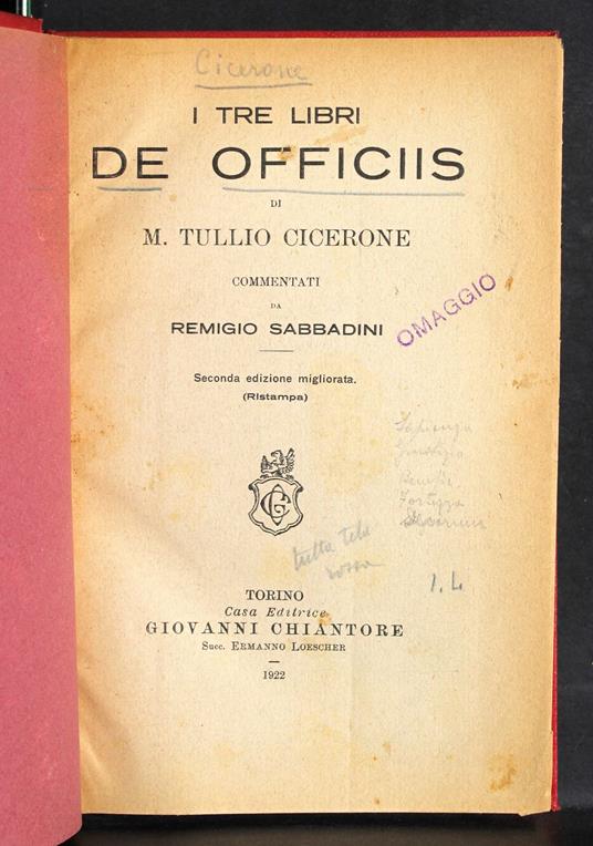 I tre libri de Officiis - M. Tullio Cicerone - copertina