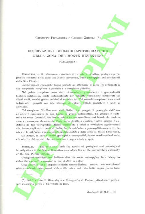 Osservazioni geologiche-petrologiche nella zona del Monte Reventino (Calabria)