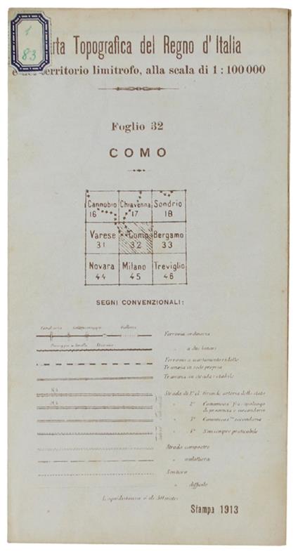 COMO. Foglio 32 della Carta Topografica del Regno d'Italia e del territorio limitrofo, alla scala di 1:100.000. - Istituto Geografico Militare - I.G.M. - 1913 - copertina