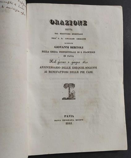 Orazione detta dal Direttore Spirituale nell'I.R. Collegio Ghisleri - 1841 - copertina