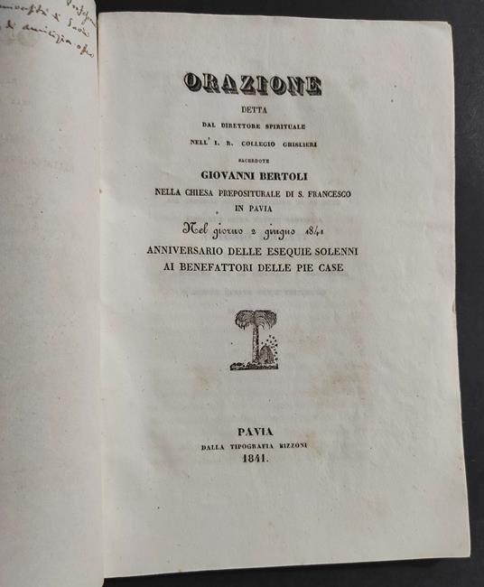 Orazione detta dal Direttore Spirituale nell'I.R. Collegio Ghisleri - 1841 - copertina