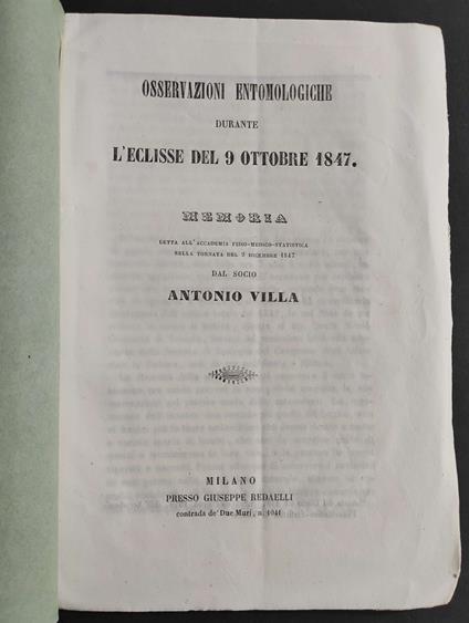 Osservazioni Entomologiche Durante l'Eclisse del 9 Ottobre 1847 - Memoria - 1848 - copertina