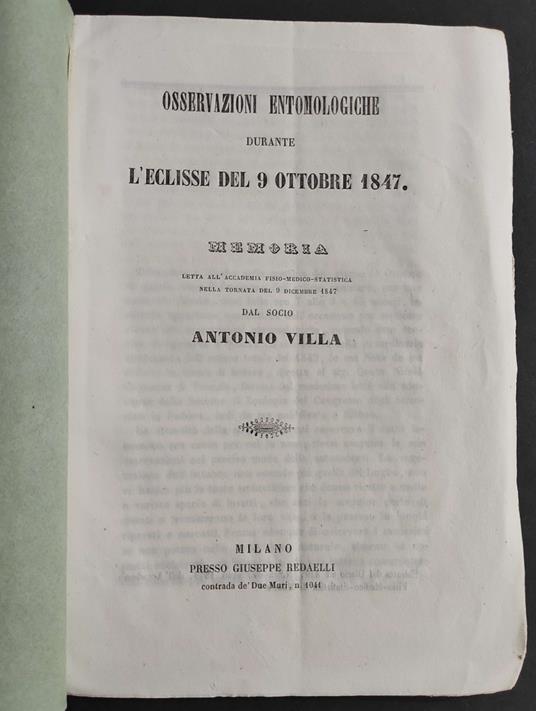 Osservazioni Entomologiche Durante l'Eclisse del 9 Ottobre 1847 - Memoria - 1848 - copertina