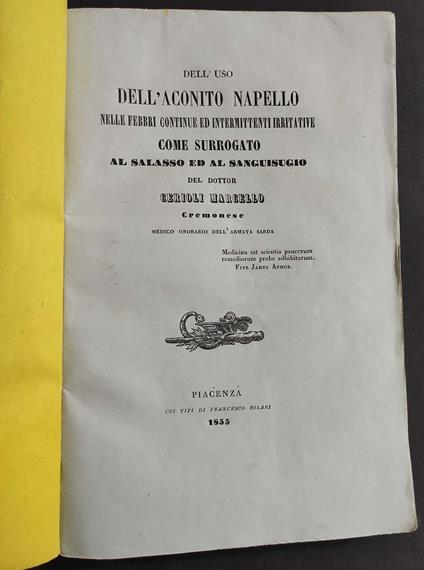 Dell'Uso dell'Aconito Napello nelle Febbri - 1855 - copertina