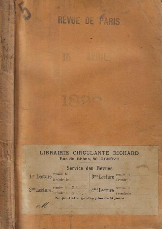Revue de Paris n. 8 Anno 1898 - copertina