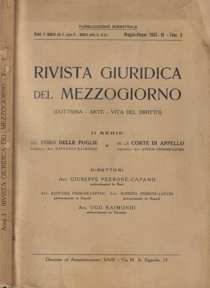 Rivista giuridica del mezzogiorno fasc. 3 Anno 1933 - copertina