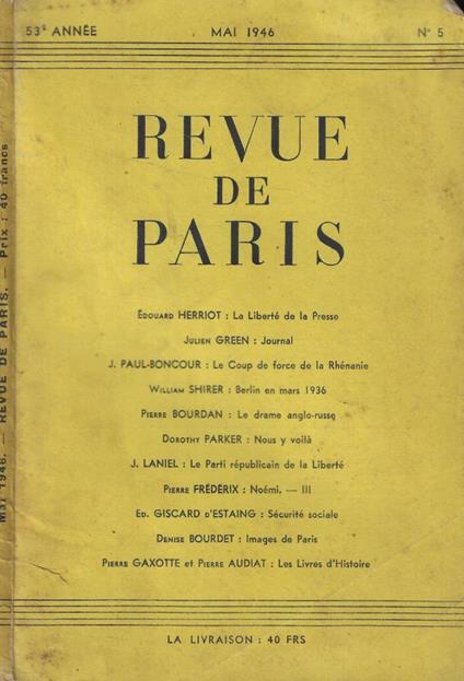 Revue de Paris n. 5 Anno 1946 - copertina