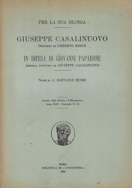 Per la sua gloria. Giuseppe Casalinuovo. Discorso di Umberto Toso in difesa di Giovanni Paparone - copertina