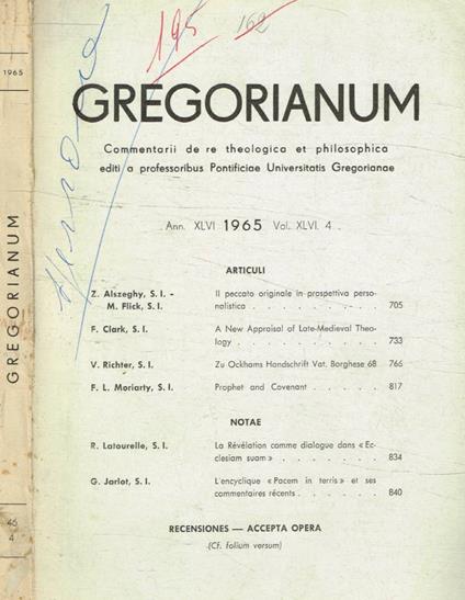 Gregorianum. Commentarii de re theologica et philosophica n.4, anno 1965 - copertina
