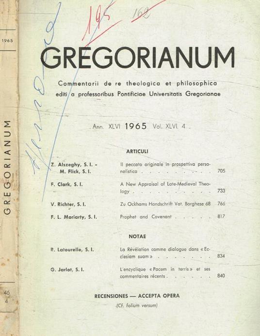 Gregorianum. Commentarii de re theologica et philosophica n.4, anno 1965 - copertina