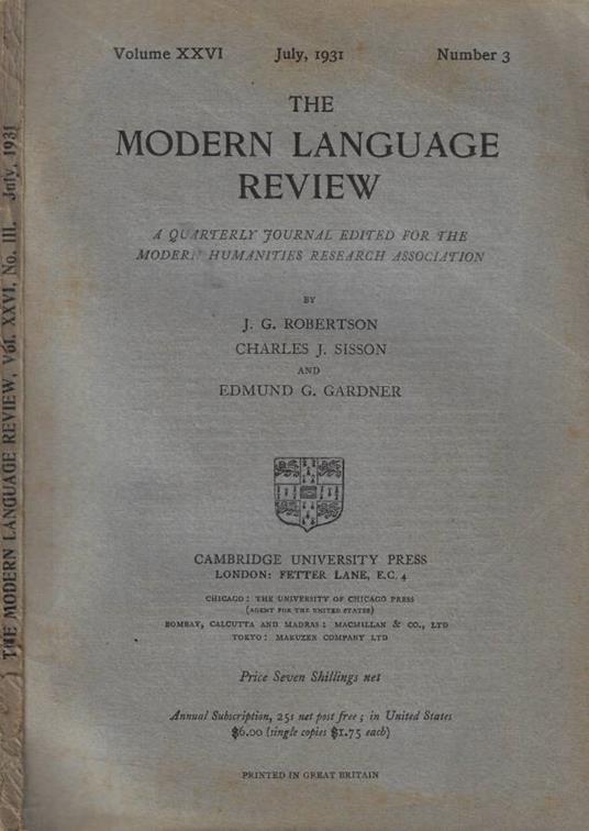 The Modern Language review n. 3 Anno 1931 - copertina