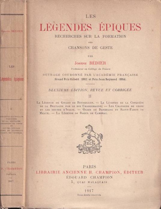 Les legendes épiques, vol. II - Joseph Bédier - copertina