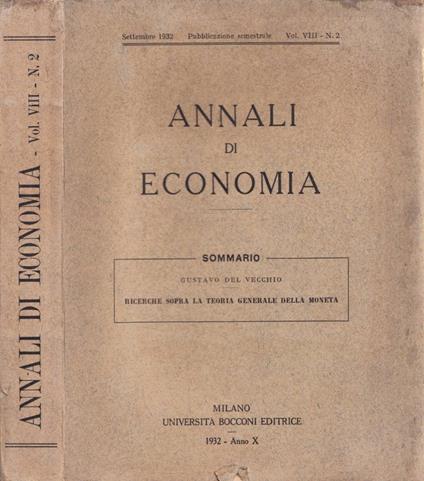 Annali di Economia, vol. VIII, n. 2, settembre 1932 - Gustavo Del Vecchio - copertina
