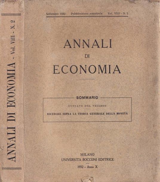 Annali di Economia, vol. VIII, n. 2, settembre 1932 - Gustavo Del Vecchio - copertina